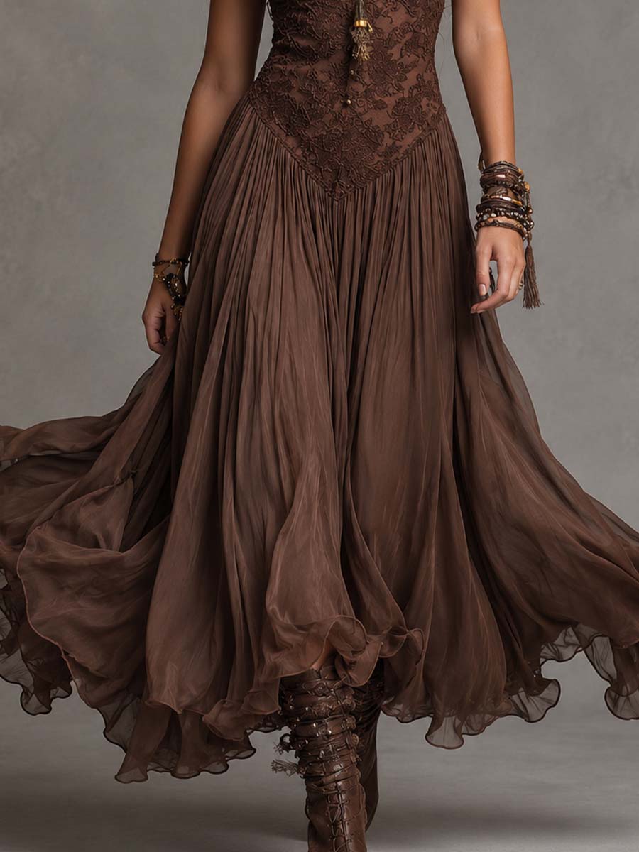 Amélie – Maxi vestido de gasa en marrón oscuro