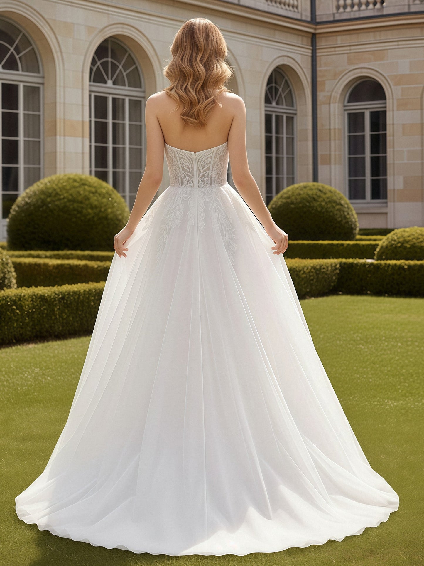 Vestido de Novia A-line Sin Mangas de Tul con Corsé Apliqué en Blanco