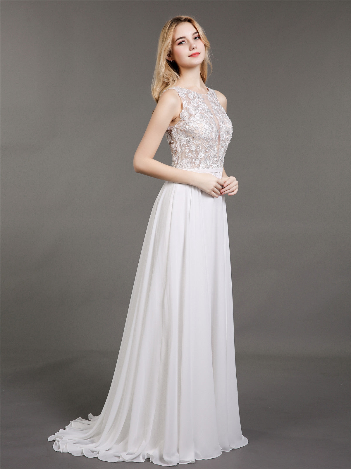 Vestido de Novia Marfil con Encaje, Muselina y Perlas