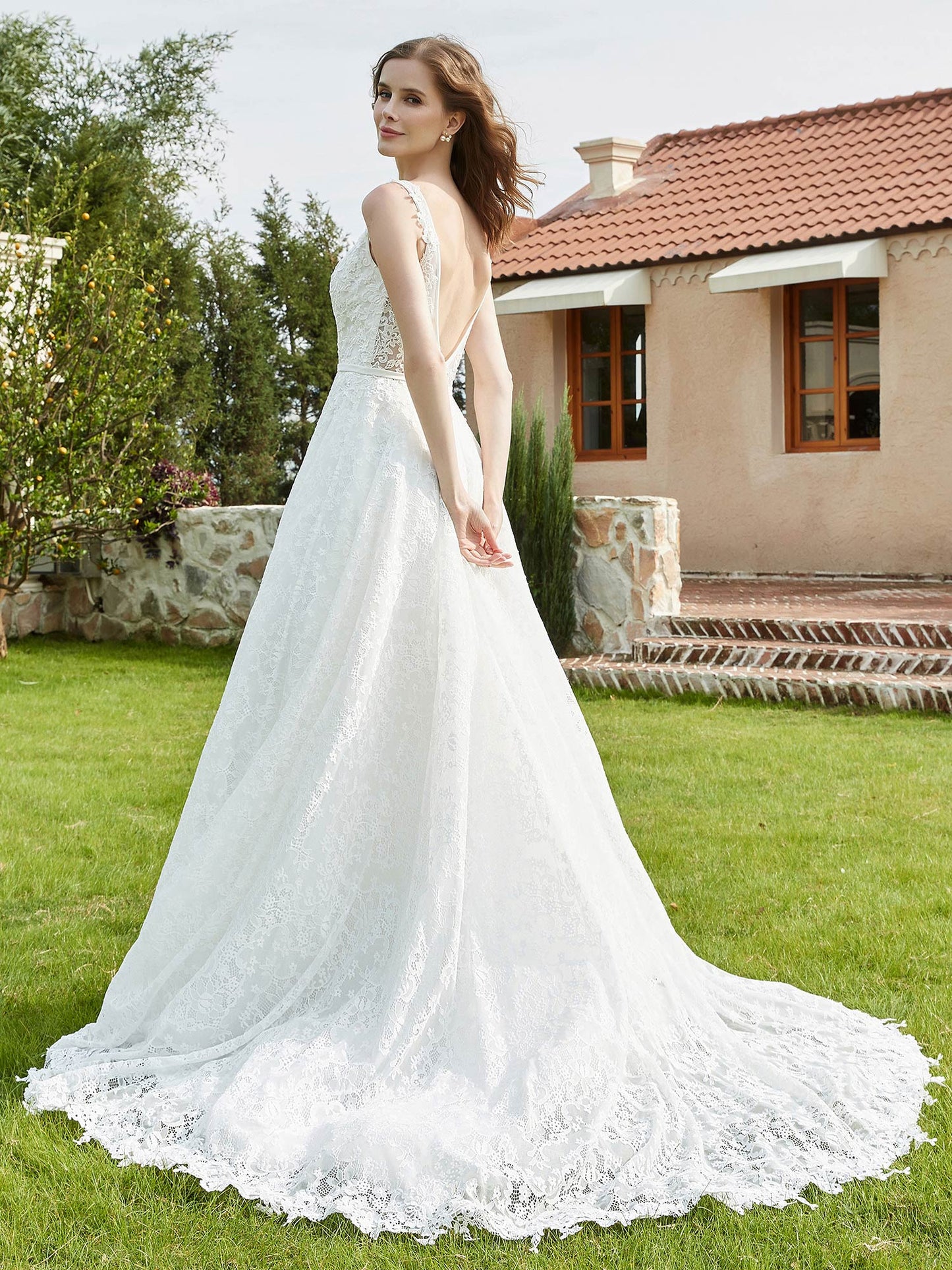 Vestido de Novia Sin Mangas de Encaje Plisado en Color Marfil