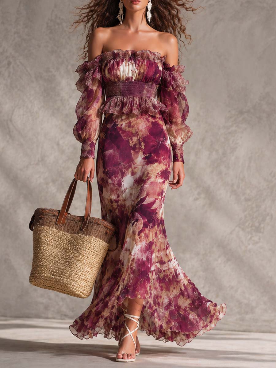 Maxi Vestido de Muselina Rosa con Hombros al Descubierto y Estampado Floral