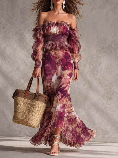 Maxi Vestido de Muselina Rosa con Hombros al Descubierto y Estampado Floral