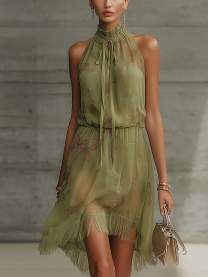 Mini Vestido de Chiffon con Detalle Floral Verde y Cintura Alta