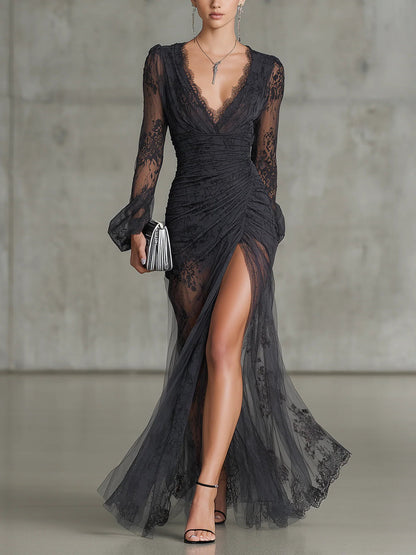 Sofia | Vestido Maxi de Encaje Gris Oscuro con Detalles de Volantes