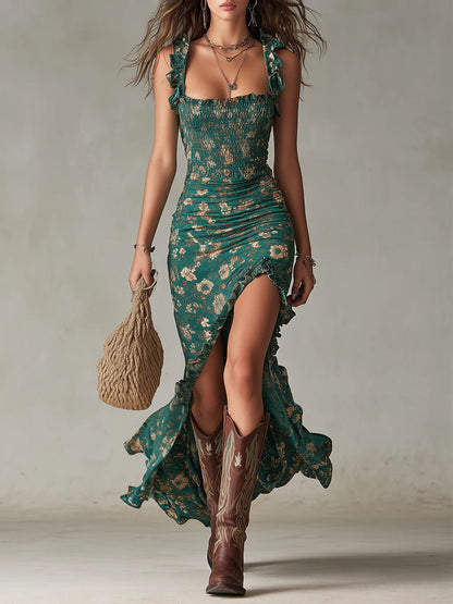 Maxi Robe Bohème Verde con Estampado y Mangas Acampanadas