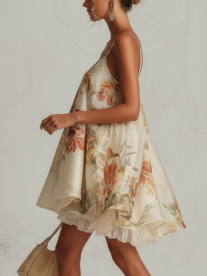 Blanche | Vestido Corto Trapecio de Organza Floral Beige con Detalles de Encaje