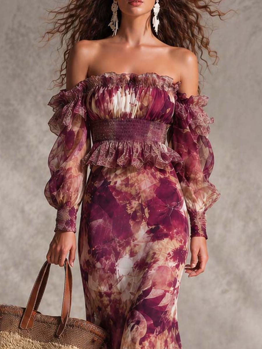 Maxi Vestido de Muselina Rosa con Hombros al Descubierto y Estampado Floral