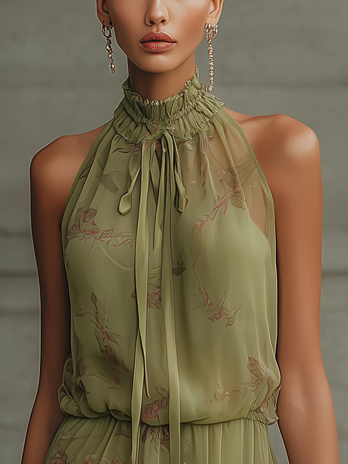 Mini Vestido de Chiffon con Detalle Floral Verde y Cintura Alta