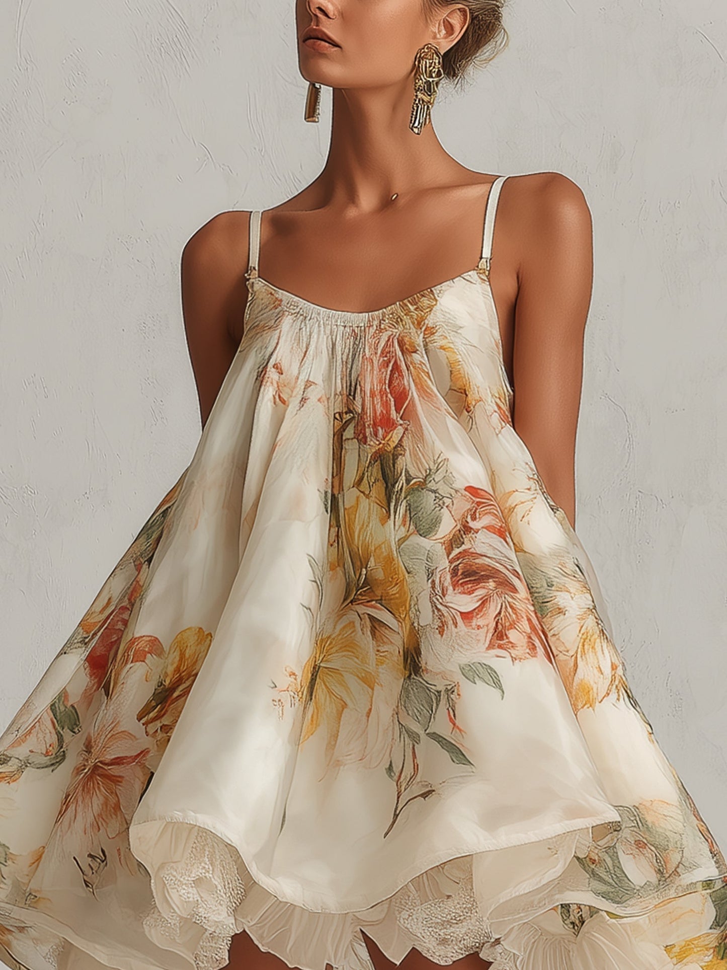 Blanche | Vestido Corto Trapecio de Organza Floral Beige con Detalles de Encaje