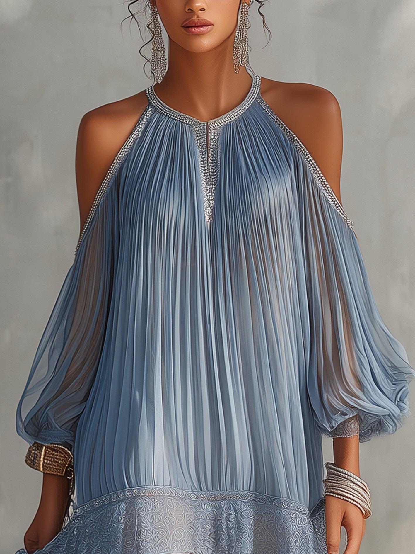 Séraphine | Vestido Mini Azul con Hombros al Descubierto, Fruncido y Dobladillo de Encaje