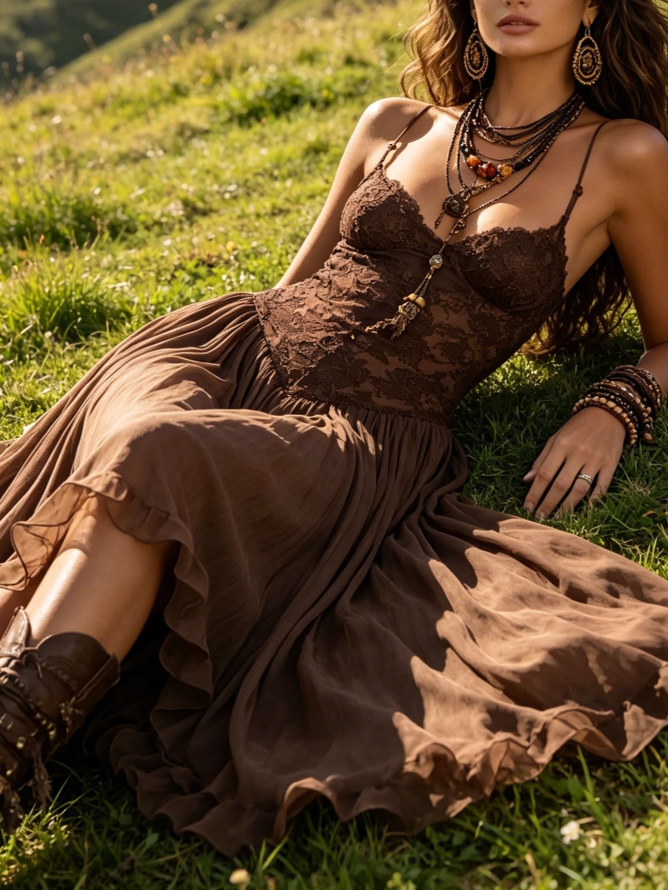 Amélie – Maxi vestido de gasa en marrón oscuro