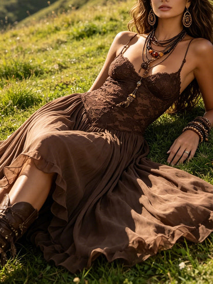 Amélie – Maxi vestido de gasa en marrón oscuro