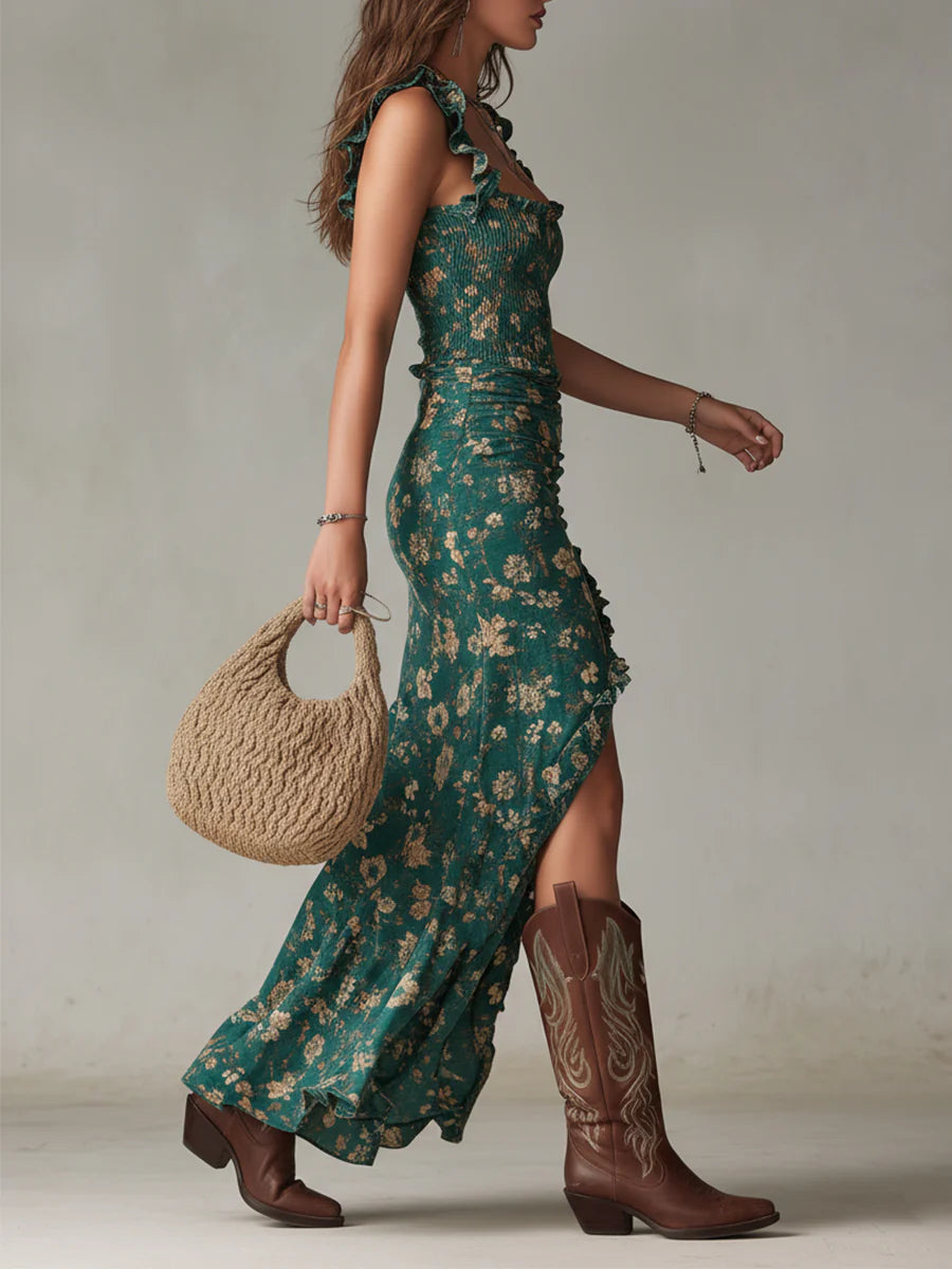 Maxi Robe Bohème Verde con Estampado y Mangas Acampanadas