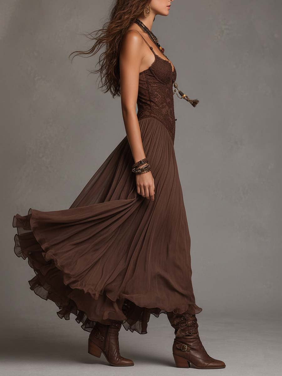 Amélie – Maxi vestido de gasa en marrón oscuro