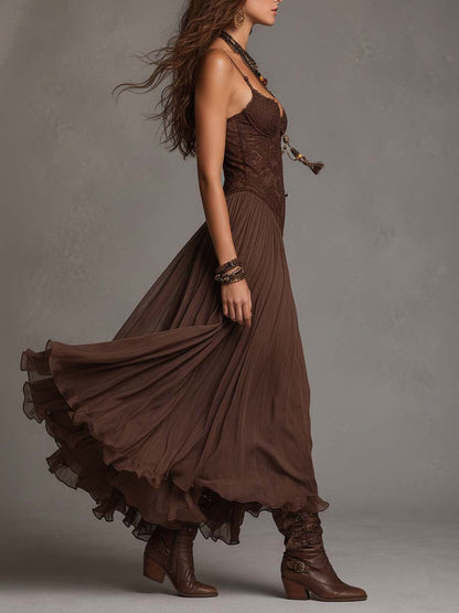 Amélie – Maxi vestido de gasa en marrón oscuro