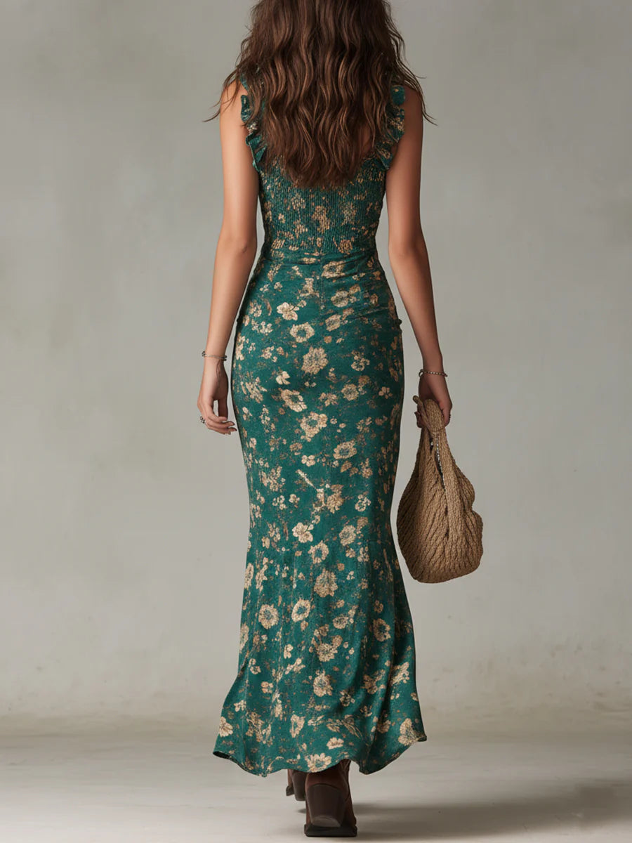 Maxi Robe Bohème Verde con Estampado y Mangas Acampanadas