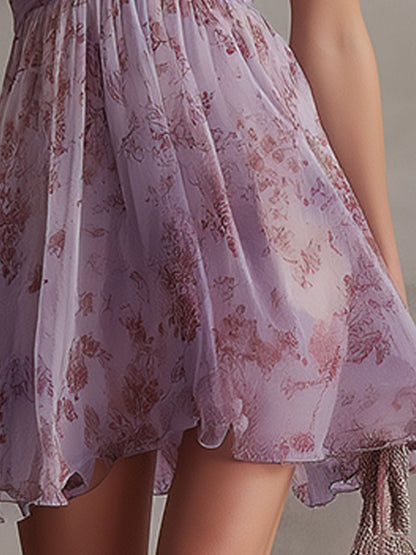 Vestido Corto Retro de Rayas Florales en Violeta