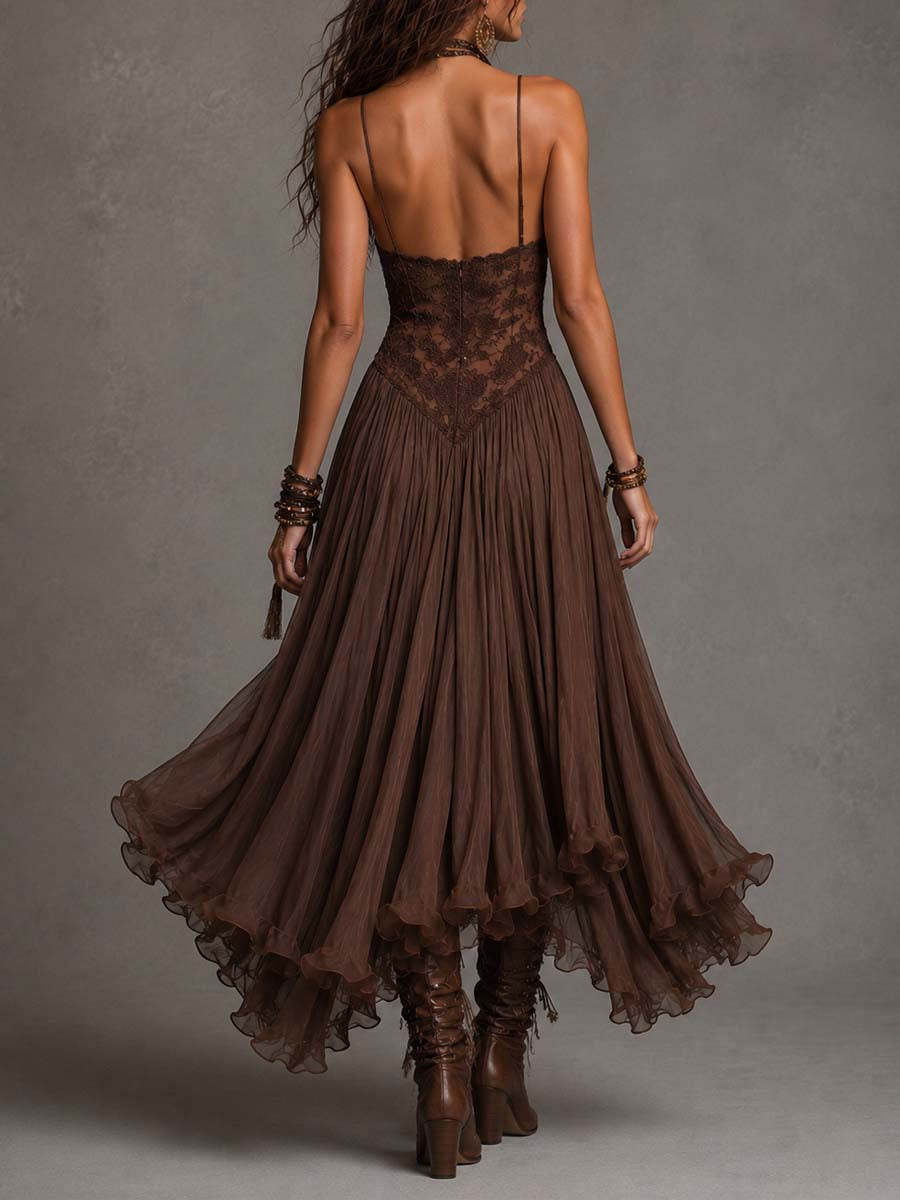 Amélie – Maxi vestido de gasa en marrón oscuro