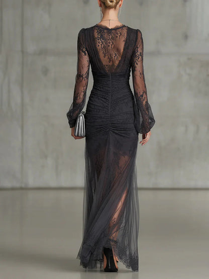 Sofia | Vestido Maxi de Encaje Gris Oscuro con Detalles de Volantes