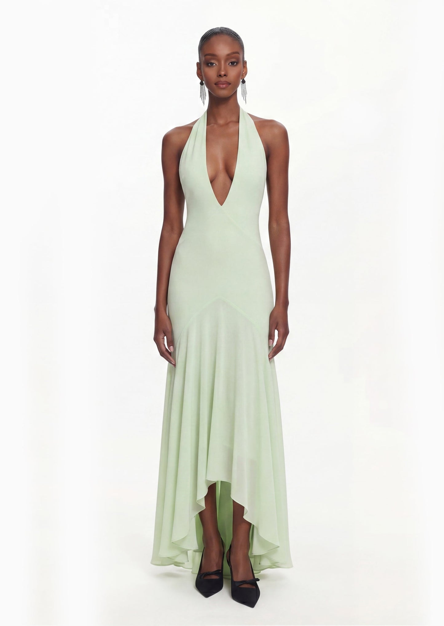 Vestido Maxi Drapado Bryonie en Georgette de Color Salvia