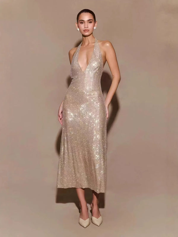 Vestido de Fiesta con Lentejuelas y Escote en V