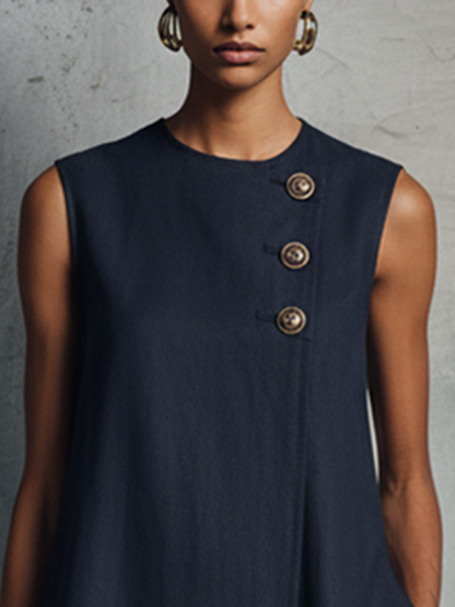 Mini Robe en Lin Bleu Marine – Col Rond, Sans Manches