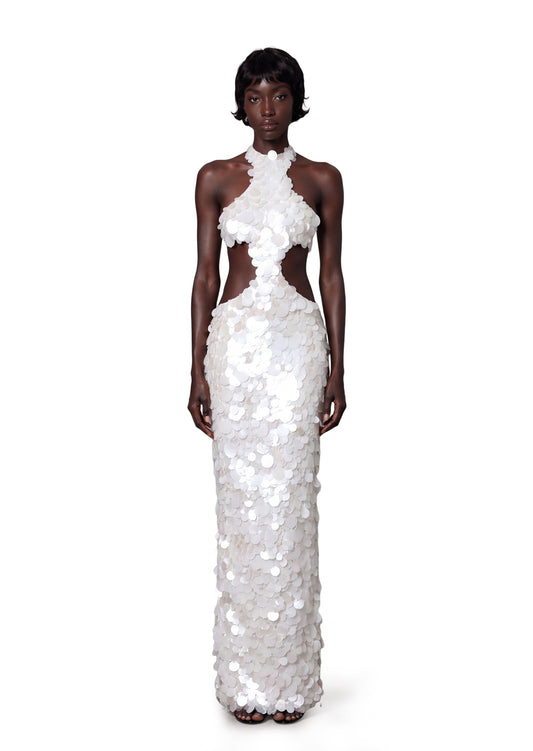 Vestido Maxi Blanco con Cuello Halter y Lentejuelas Kaatib