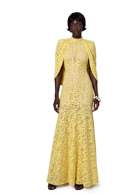 Vestido Maxi Amarillo de Encaje con Cuello Redondo Kabili