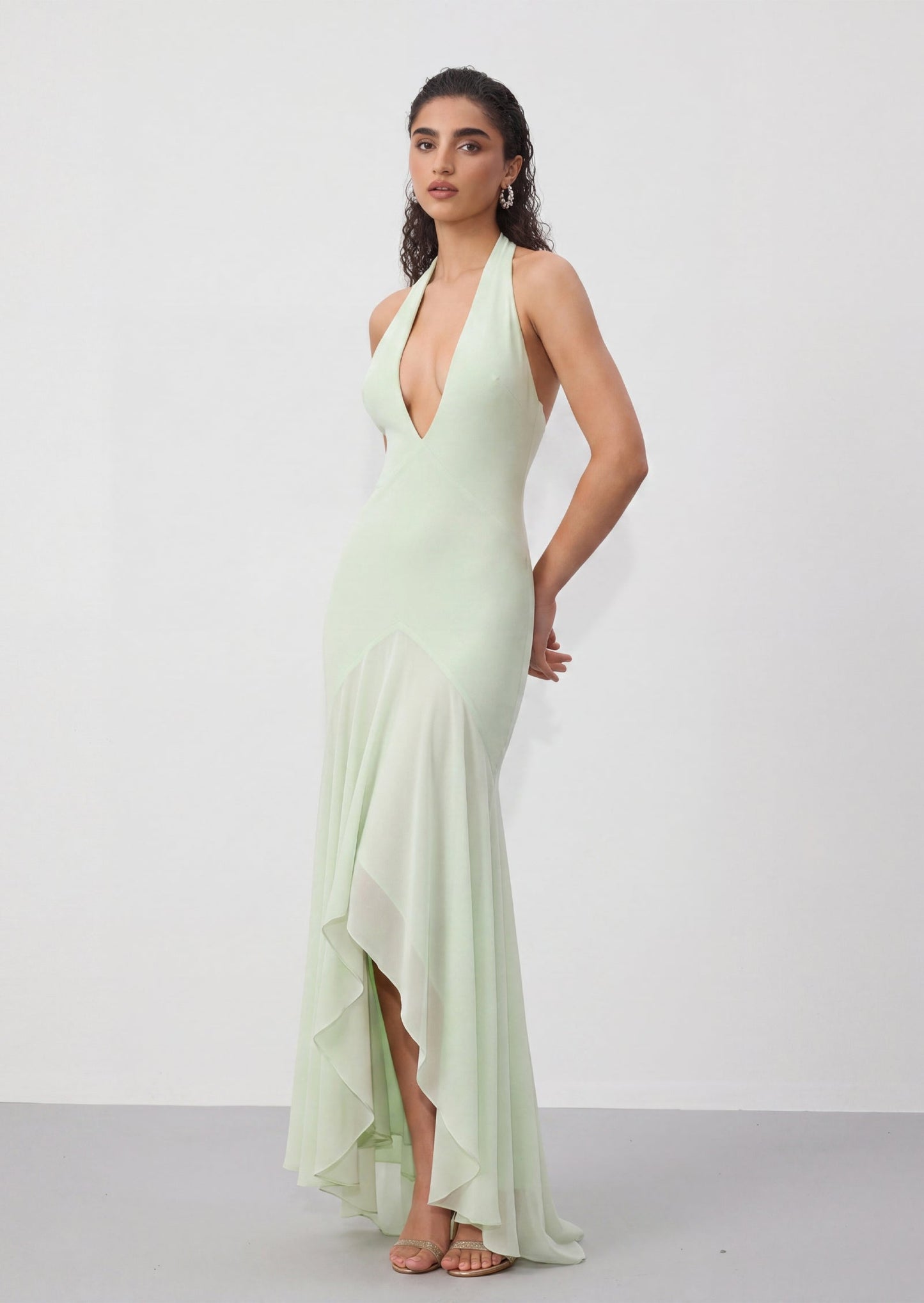 Vestido Maxi Drapado Bryonie en Georgette de Color Salvia