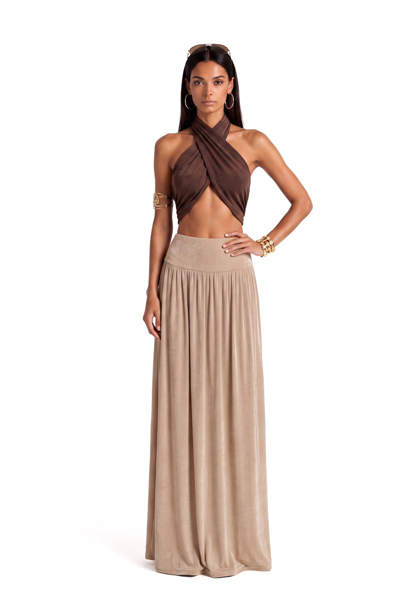 Conjunto de Top de Cuello Halter y Falda Larga Dewei