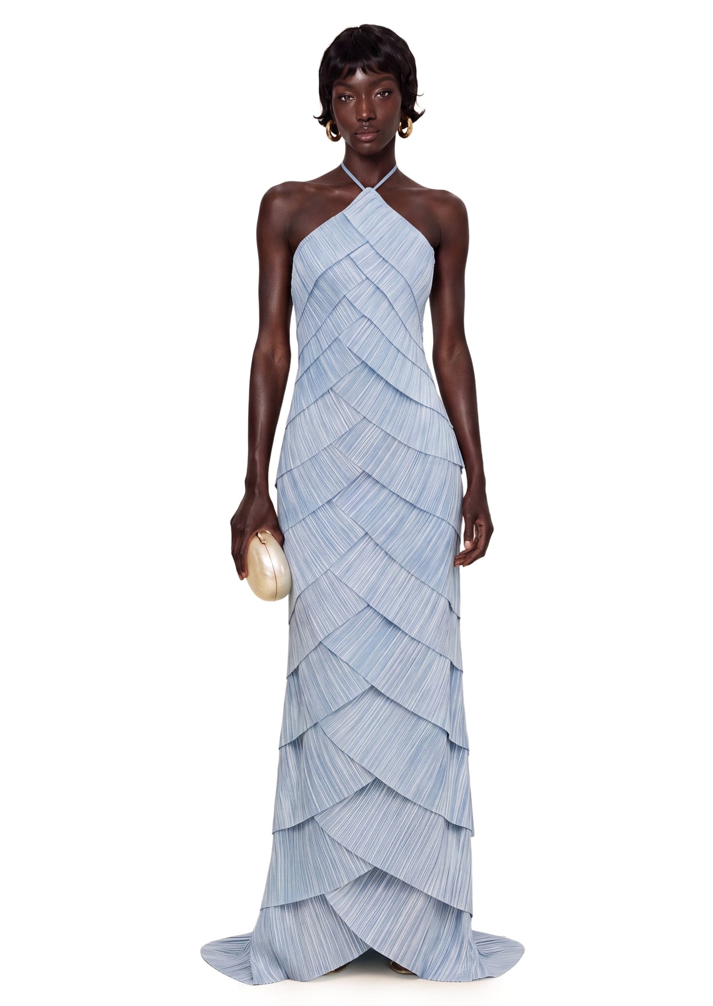 Vestido Maxi con Capas Rizadas y Cuello Halter Kadmiel