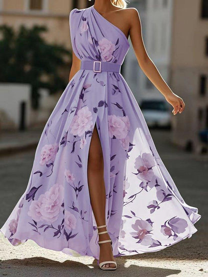 Julie | Vestido maxi de gasa verde con estampado floral