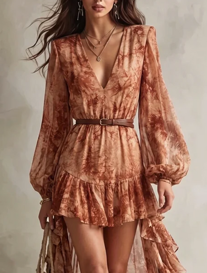 Vestido Corto de Manga Larga con Escote en V y Estampado Floral Terracota