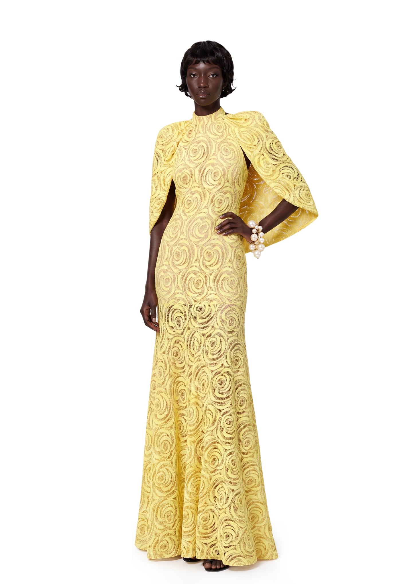 Vestido Maxi Amarillo de Encaje con Cuello Redondo Kabili