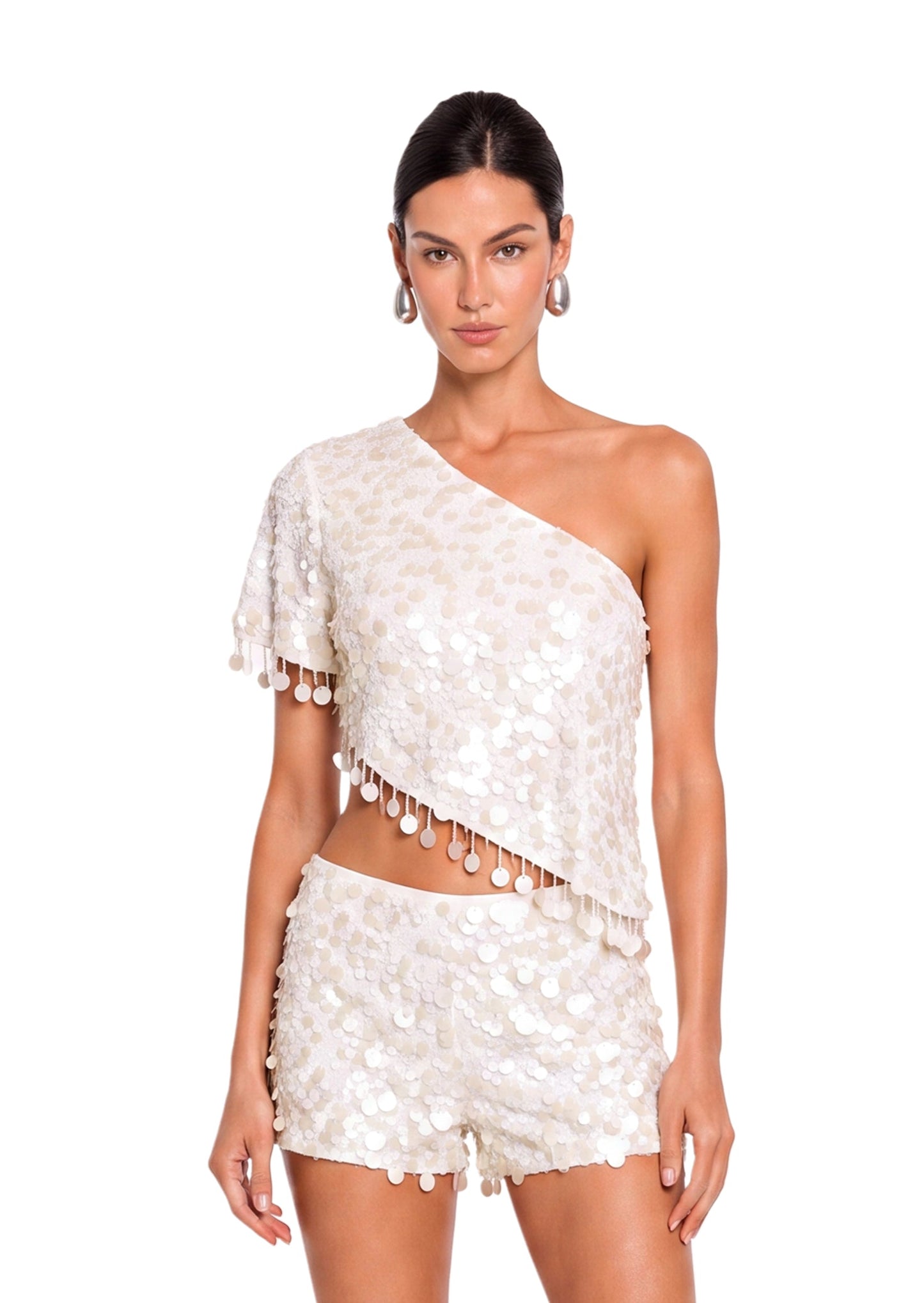 Haddie Sequined Off Shoulder Top And Sequined Shorts Set