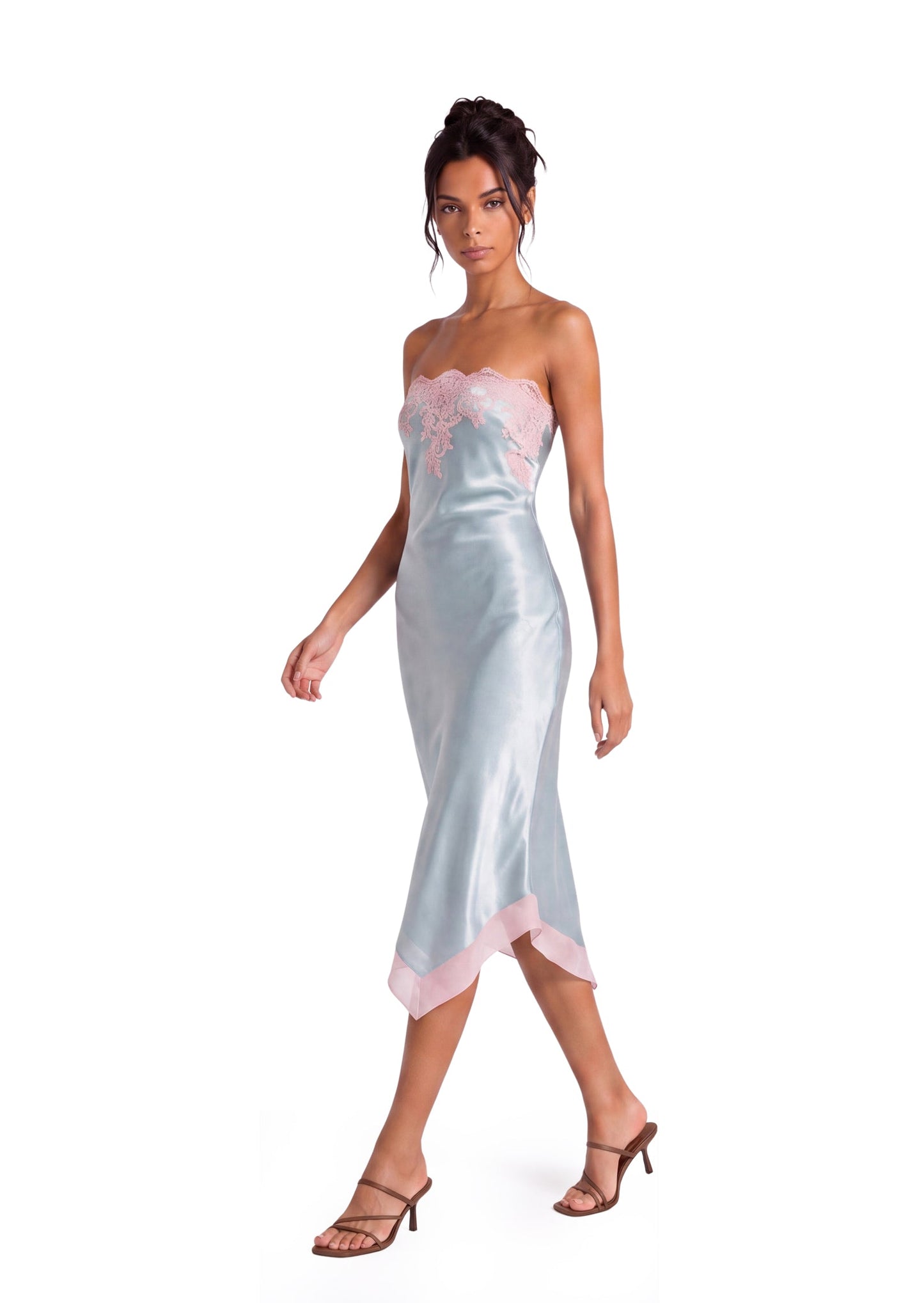 Vestido Midi Sin Mangas de Satén con Detalles de Encaje Deodat