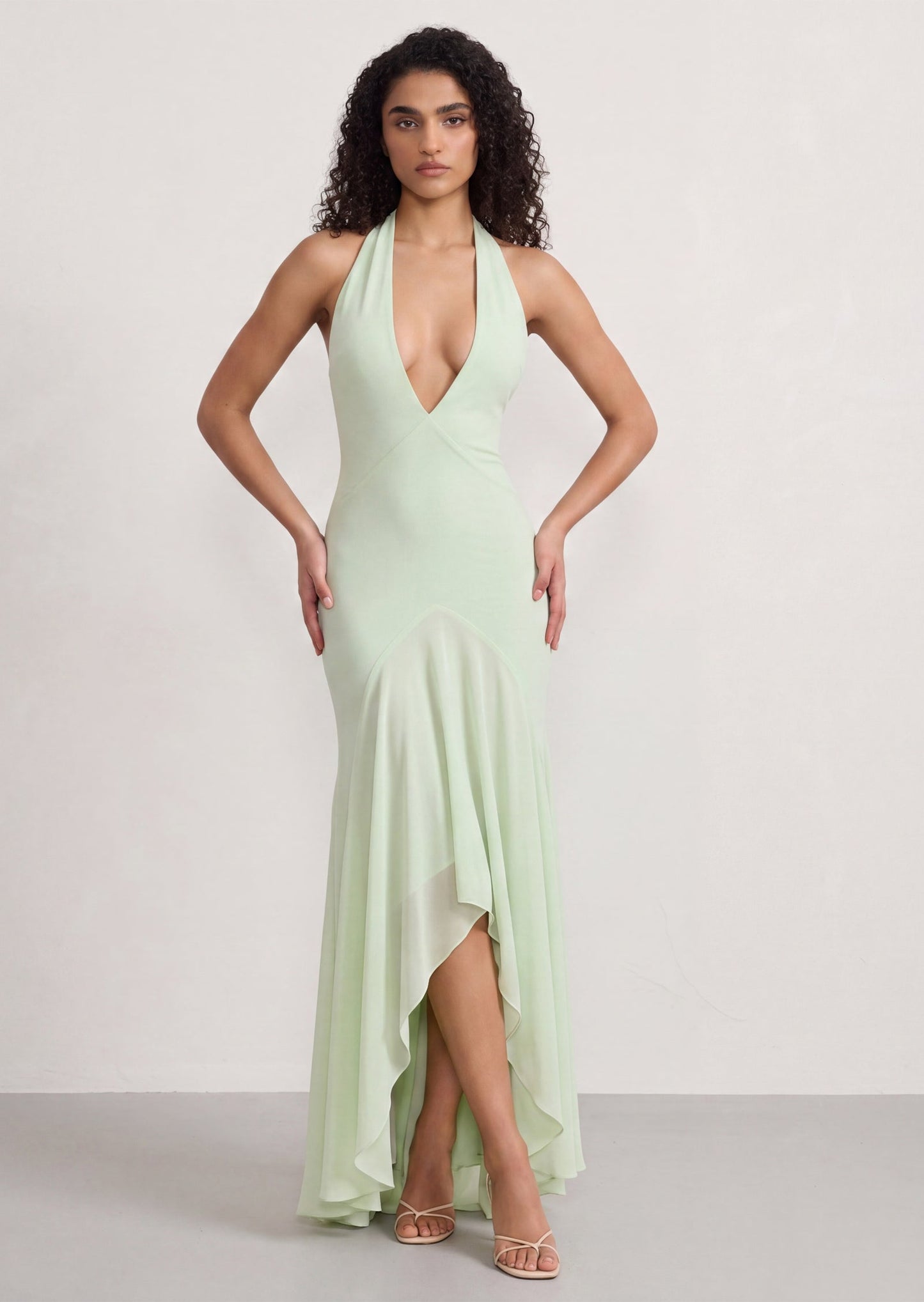 Vestido Maxi Drapado Bryonie en Georgette de Color Salvia