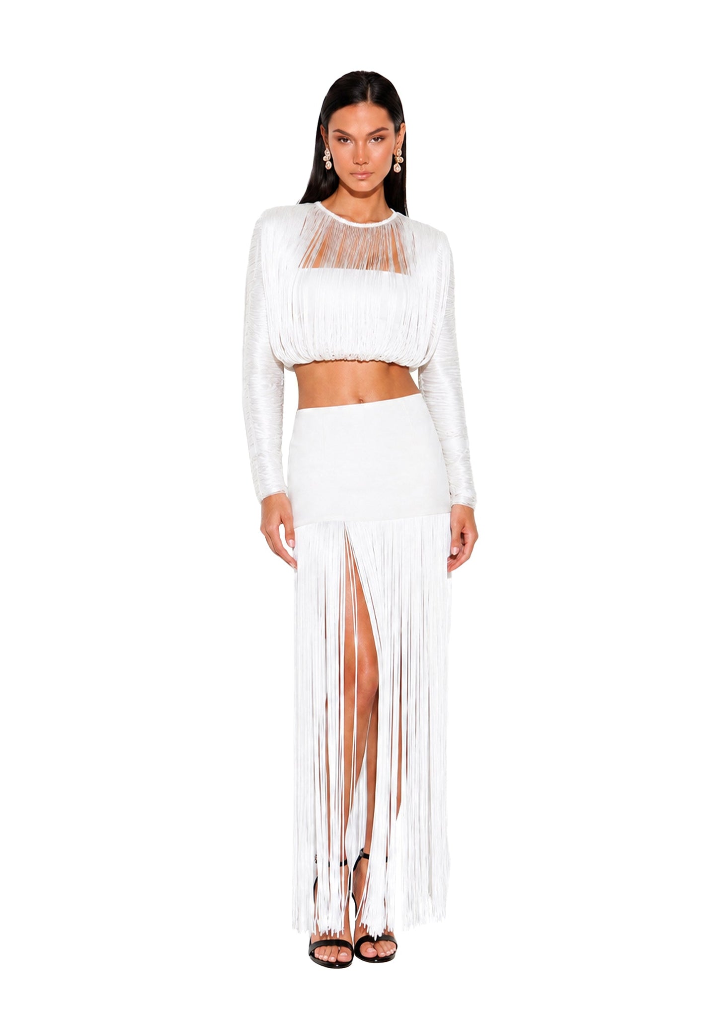 Blanco Xakery Top de Manga Larga con Flecos