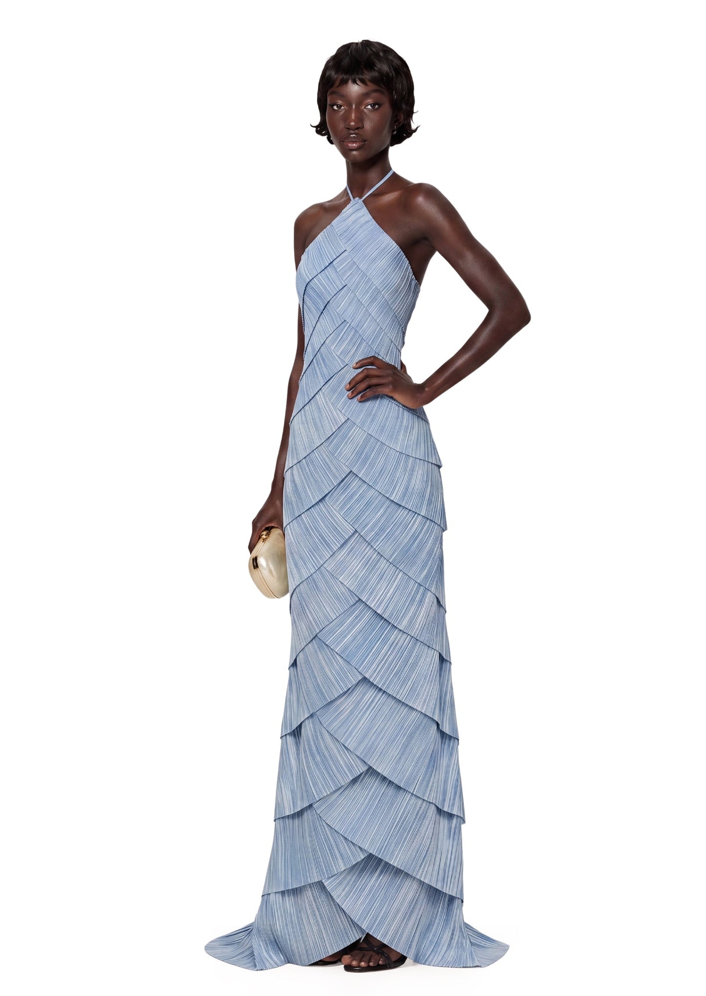 Vestido Maxi con Capas Rizadas y Cuello Halter Kadmiel