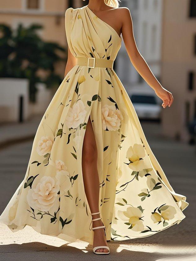 Julie | Vestido maxi de gasa verde con estampado floral