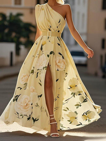 Julie | Vestido maxi de gasa verde con estampado floral