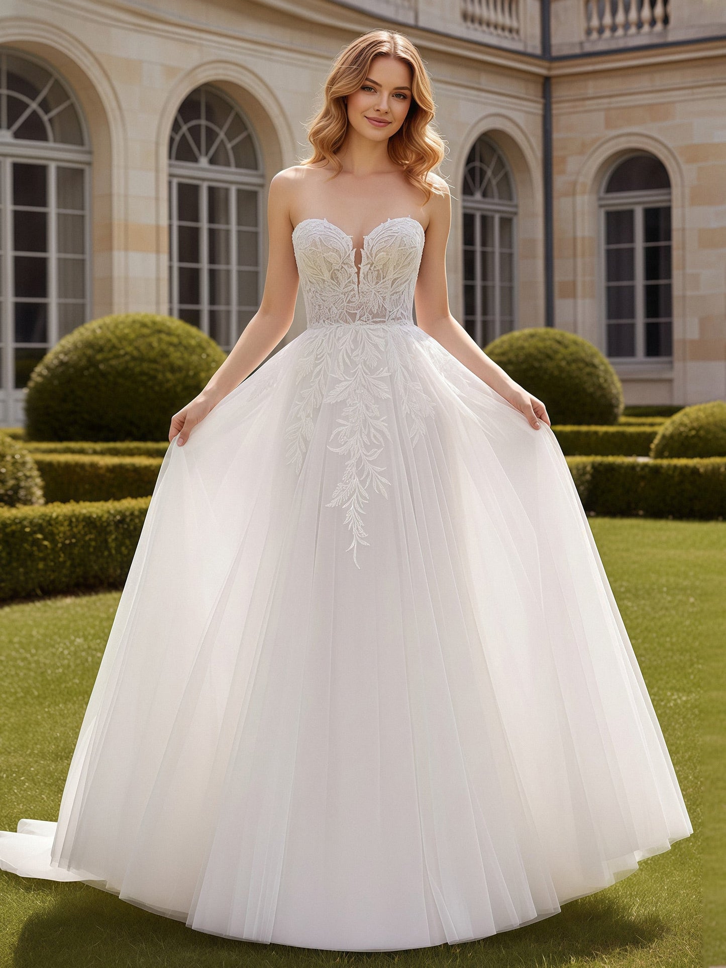 Vestido de Novia A-line Sin Mangas de Tul con Corsé Apliqué en Blanco