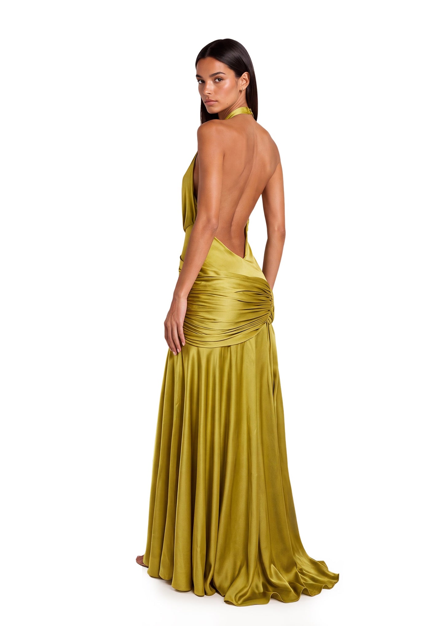 Vestido Maxi Amarillo con Cuello Halter y Espalda Abierta de Kabibe