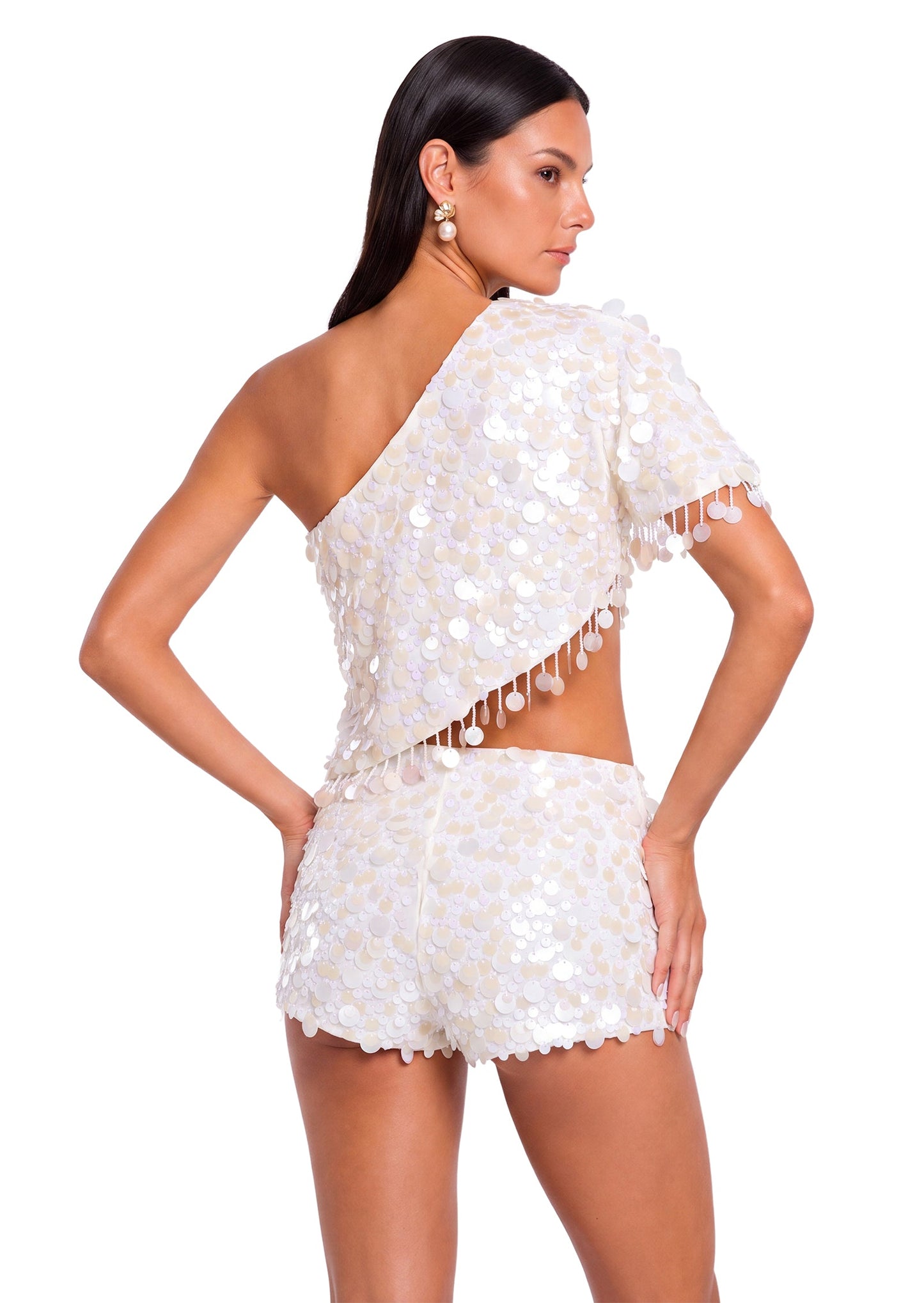 Haddie Sequined Off Shoulder Top And Sequined Shorts Set