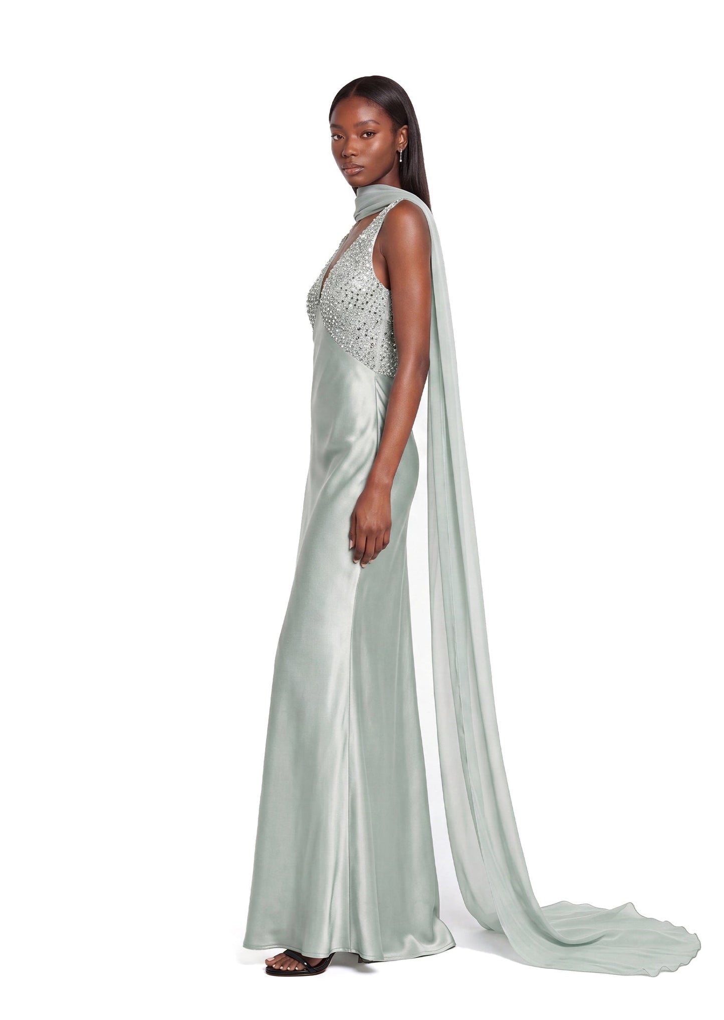 Maxi Vestido de Satén con Lentejuelas Vajra