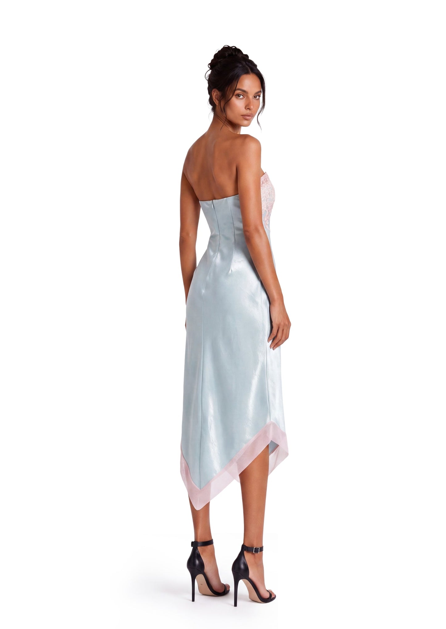 Vestido Midi Sin Mangas de Satén con Encaje Deodat