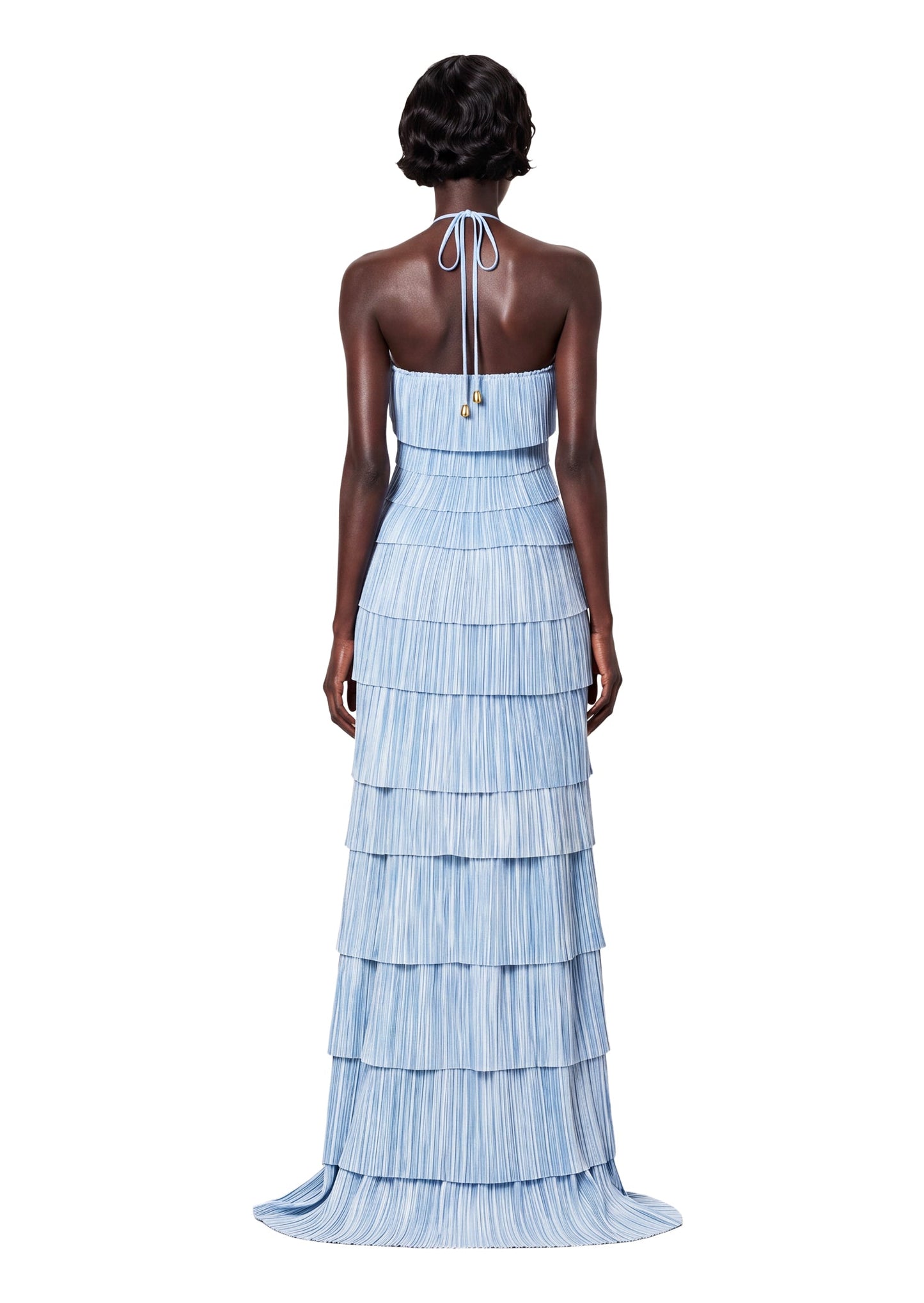 Vestido Maxi con Capas Rizadas y Cuello Halter Kadmiel