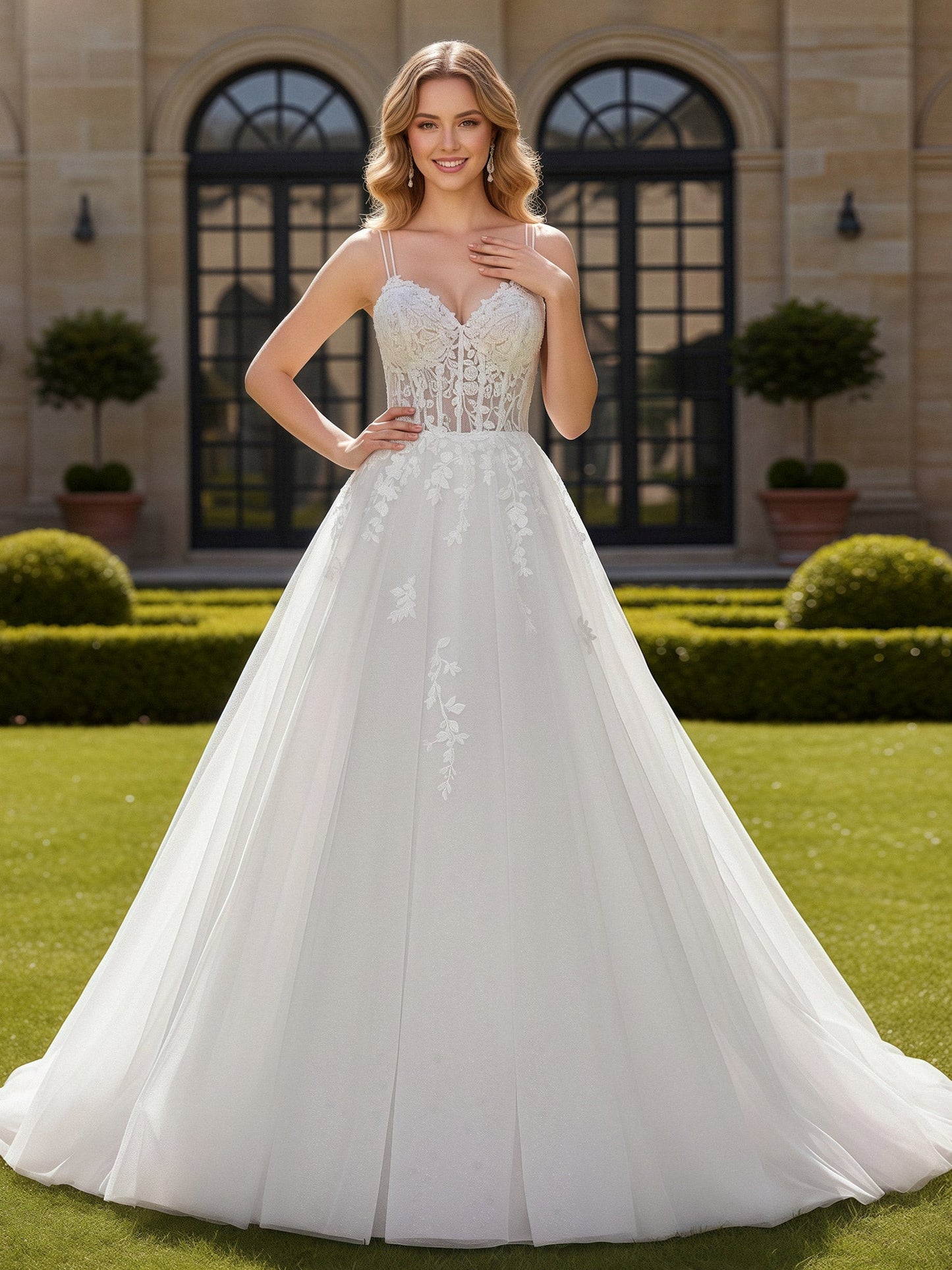 Vestido de Novia de Tul con Tirantes Dobles y Corsé Apliqué en Blanco