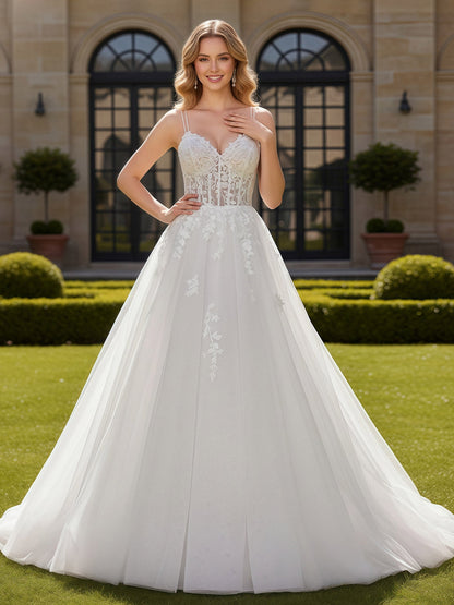 Vestido de Novia de Tul con Tirantes Dobles y Corsé Apliqué en Blanco