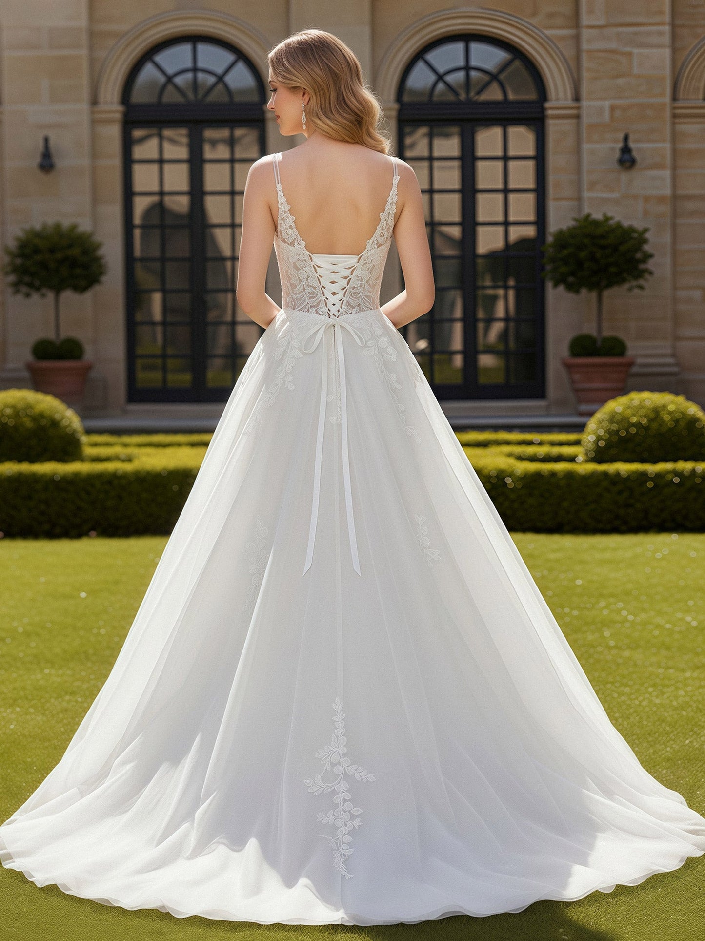 Vestido de Novia de Tul con Tirantes Dobles y Corsé Apliqué en Blanco